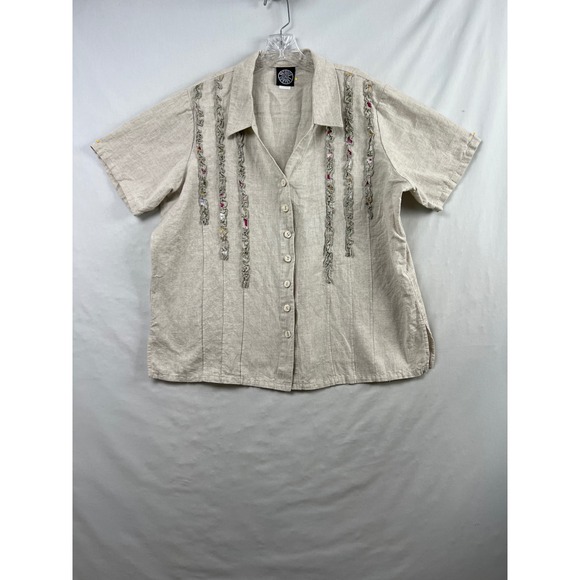 The Produce Co. Tops - The Produce Co Linen Button Up Top Womens XL Oatmeal Ruffle Floral Trim 5276